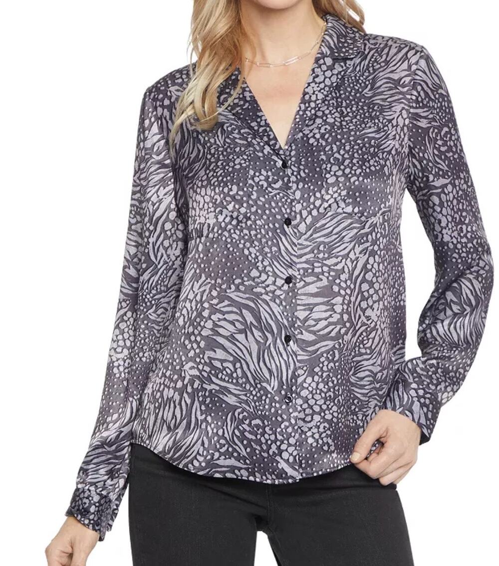 NYDJ Printed Gray Blouse Button Front Long Sleeve Silky Career Top Large